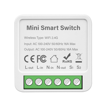 Умен превключвател с таймер за Wi‑Fi и Zigbee, 1/2 канала, дистанционно управление чрез смартфон, напрежение 110–240 V, ток 16 A, живот 50 000 цикъла, разстояние между монтажните отвори 20 mm