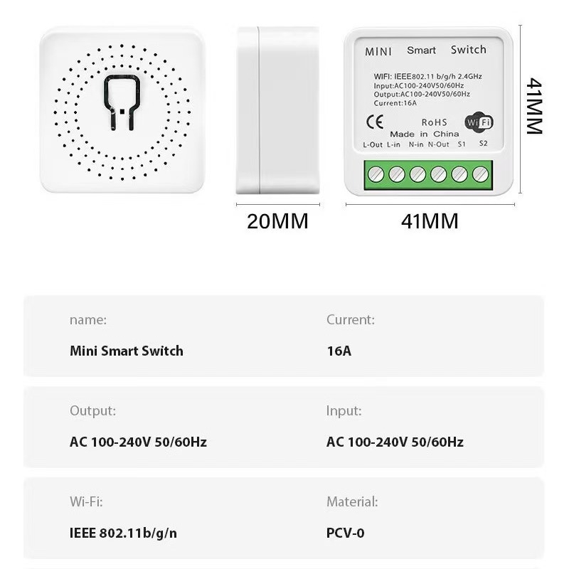 Умен превключвател с таймер за Wi‑Fi и Zigbee, 1/2 канала, дистанционно управление чрез смартфон, напрежение 110–240 V, ток 16 A, живот 50 000 цикъла, разстояние между монтажните отвори 20 mm