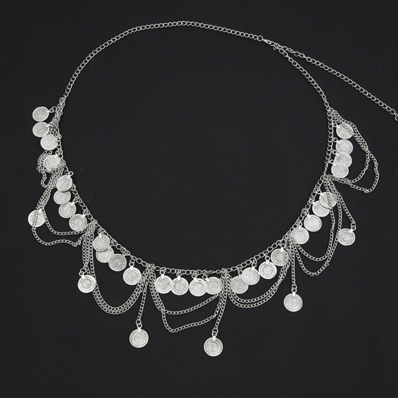 Metalni kaiš za struk za žene, egzotičnog stila, okrugli novčići s resicama, višeslojni kaiš