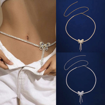 Lanac za struk s leptir privjeskom od kristala, metalni materijal, dvostruki krug dizajn, duljina 100 cm, širina 7 mm, mogućnost prilagodbe obrade
