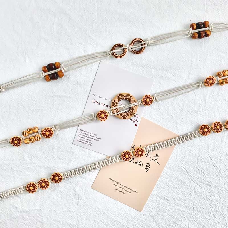 Ženski pojas za haljinu od voskane užadi — boemski stil, retro, nacionalni, kineski i književno-umjetnički stil; širina <2 cm; kopča čvorom; ručna izrada, s perlicama