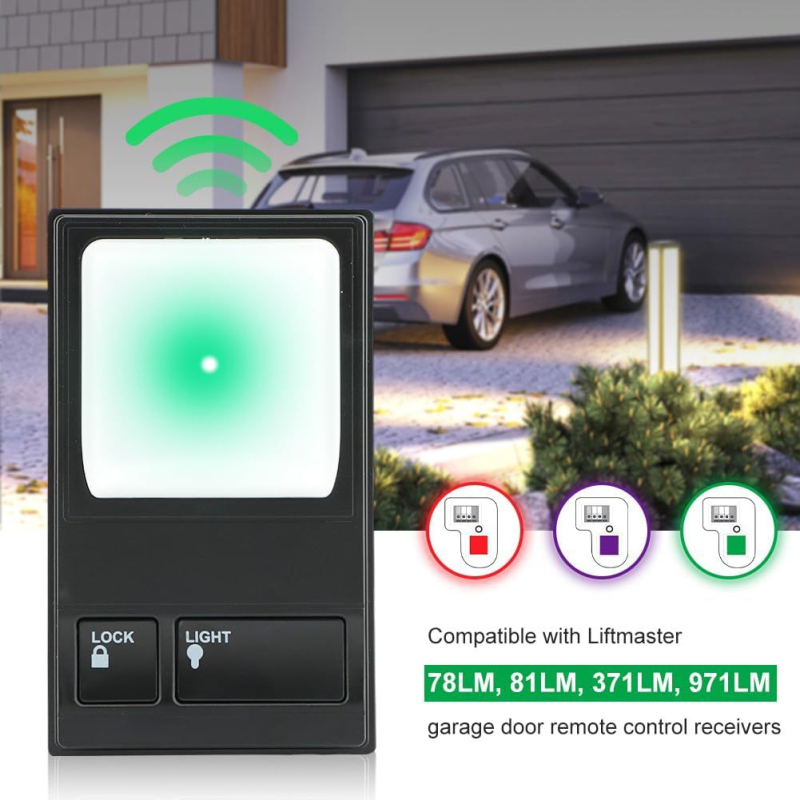 Стeнен превключвател за дистанционно управление, съвместим с 78LM и подходящ за дистанционни управления 371, 971 и 81LM; поддържа фиксиран код и въртящ се код; CE сертифициран; работна температура 0–40°C