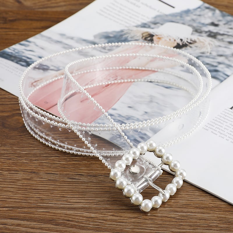 Remen s perlom kvadratnom kopčom, proziran PVC za žene – sladak stil; kopča s iglom; jedan krug