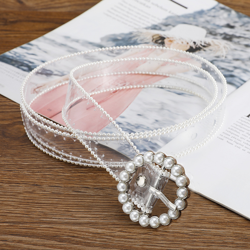 Remen s perlom kvadratnom kopčom, proziran PVC za žene – sladak stil; kopča s iglom; jedan krug