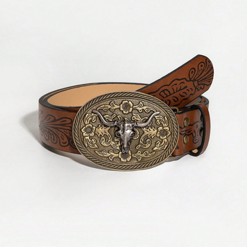 Pojas s velikom kopčom i ukrasnom glavom krave, kopča od legure, zatvaranje na klik, širina 2-4 cm, PU otisak, vintage književni stil