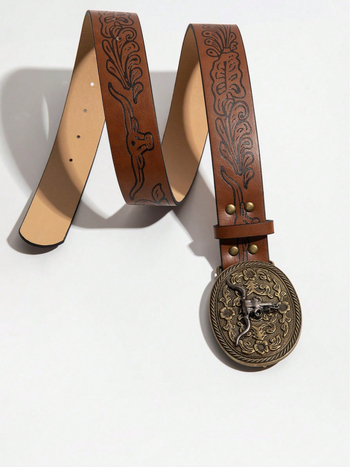 Pojas s velikom kopčom i ukrasnom glavom krave, kopča od legure, zatvaranje na klik, širina 2-4 cm, PU otisak, vintage književni stil