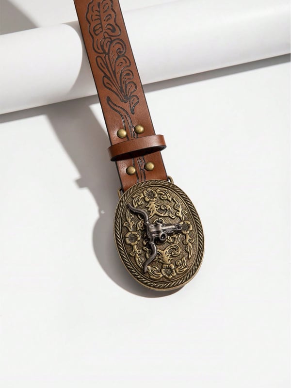 Pojas s velikom kopčom i ukrasnom glavom krave, kopča od legure, zatvaranje na klik, širina 2-4 cm, PU otisak, vintage književni stil