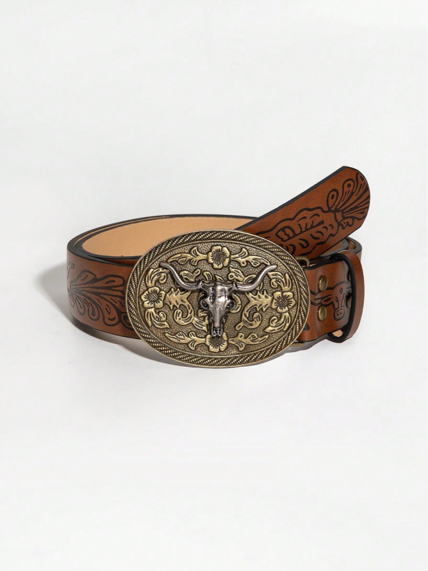 Pojas s velikom kopčom i ukrasnom glavom krave, kopča od legure, zatvaranje na klik, širina 2-4 cm, PU otisak, vintage književni stil