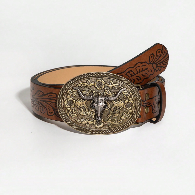 Pojas s velikom kopčom i ukrasnom glavom krave, kopča od legure, zatvaranje na klik, širina 2-4 cm, PU otisak, vintage književni stil