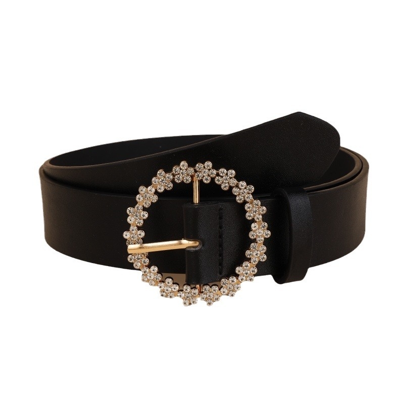 Ženski pojas od PU kože; kružna kopča od legure s dijamantnim detaljima; kopčanje iglom; branda XFS; stil: elegantan, Office Lady