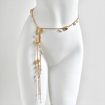 Lanac za struk s školjkama, biserima i resicama, metalni lanac, kopča od legure, univerzalno zatvaranje, ljeto 2025, hongkonški stil, literarno retro