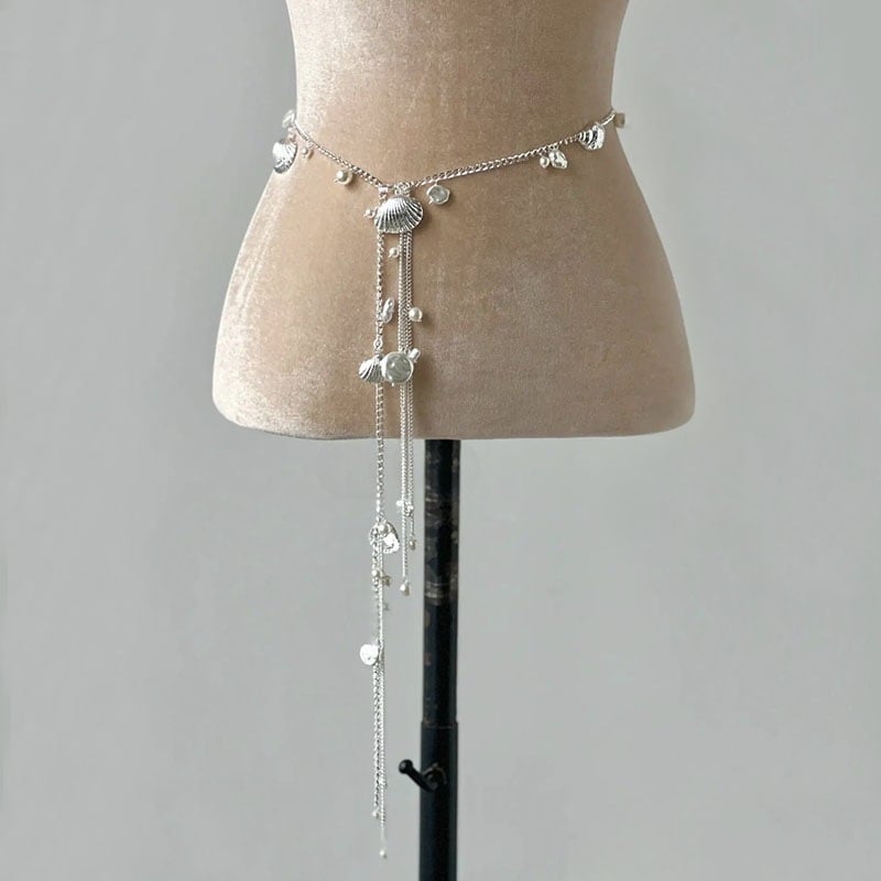 Lanac za struk s školjkama, biserima i resicama, metalni lanac, kopča od legure, univerzalno zatvaranje, ljeto 2025, hongkonški stil, literarno retro