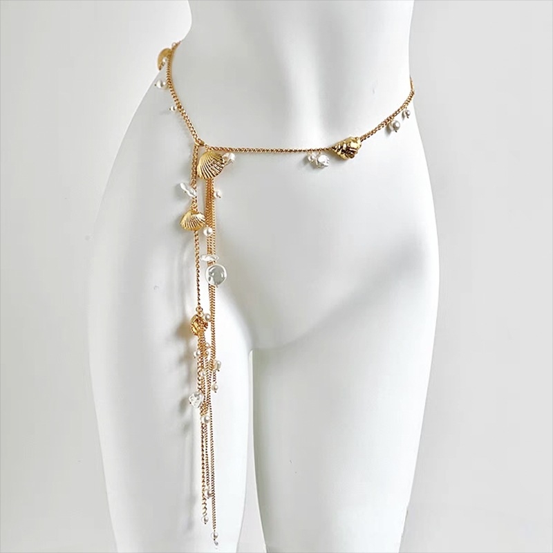 Lanac za struk s školjkama, biserima i resicama, metalni lanac, kopča od legure, univerzalno zatvaranje, ljeto 2025, hongkonški stil, literarno retro