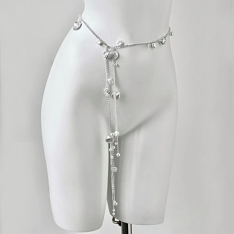 Lanac za struk s školjkama, biserima i resicama, metalni lanac, kopča od legure, univerzalno zatvaranje, ljeto 2025, hongkonški stil, literarno retro