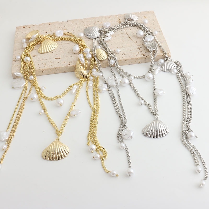 Lanac za struk s školjkama, biserima i resicama, metalni lanac, kopča od legure, univerzalno zatvaranje, ljeto 2025, hongkonški stil, literarno retro