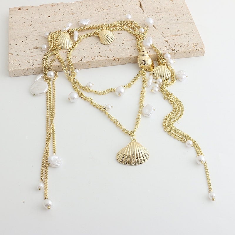 Lanac za struk s školjkama, biserima i resicama, metalni lanac, kopča od legure, univerzalno zatvaranje, ljeto 2025, hongkonški stil, literarno retro
