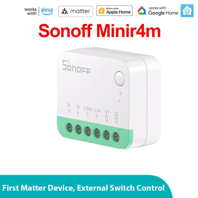 MINIR4M Matter WiFi Mini pametni prekidač, kompatibilan s HomeKit i Tuya, 100-240V AC, 10A, spajanje prilikom uključivanja