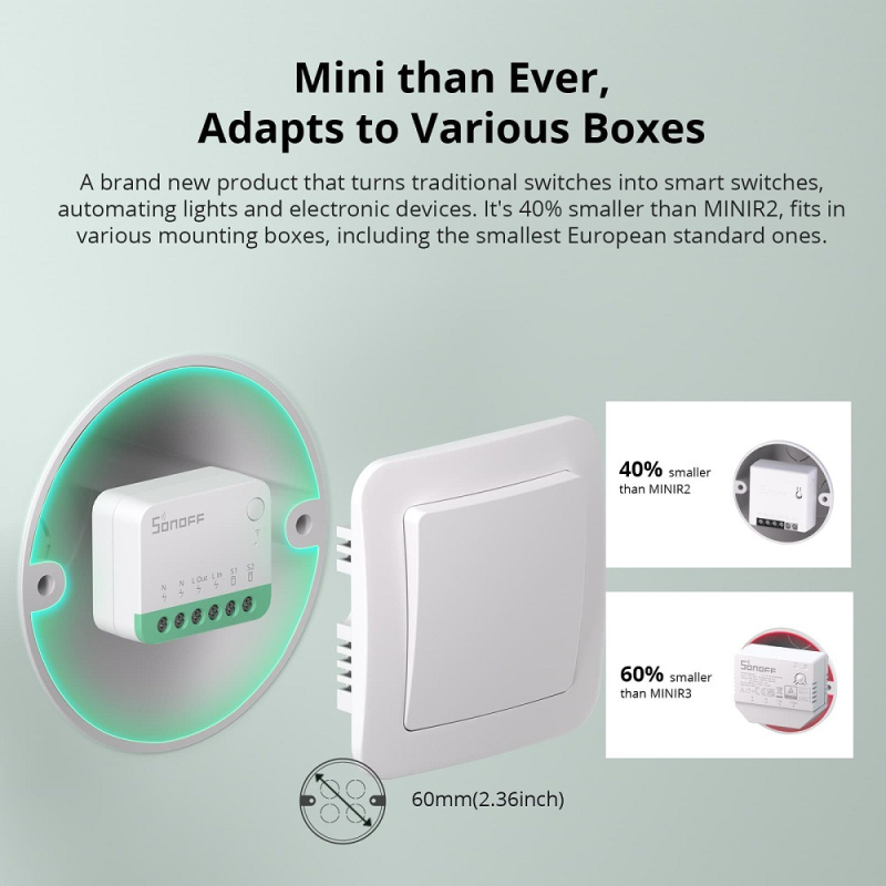 MINIR4M Matter WiFi Mini pametni prekidač, kompatibilan s HomeKit i Tuya, 100-240V AC, 10A, spajanje prilikom uključivanja