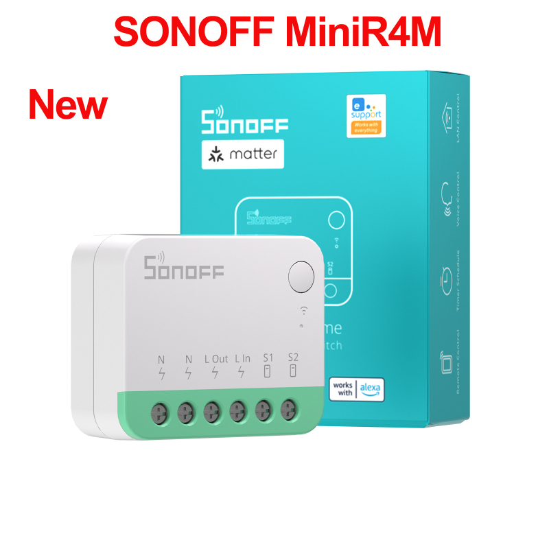 MINIR4M Matter WiFi Mini pametni prekidač, kompatibilan s HomeKit i Tuya, 100-240V AC, 10A, spajanje prilikom uključivanja