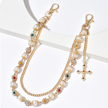 Metalni kaiš za struk u hip-hop stilu s imitacijskim perlama u obliku cvijeta i križem privjeskom; unisex, duljina ispod 60 cm