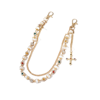 Metalni kaiš za struk u hip-hop stilu s imitacijskim perlama u obliku cvijeta i križem privjeskom; unisex, duljina ispod 60 cm