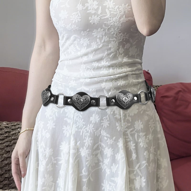 Centură pentru femei din PU cu decor inimă, cataramă din aliaj, închidere cu știft, tehnologie de îmbinare, stil versatil retro punk
