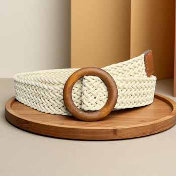 Curea țesută pentru femei, curea casual pentru rochie, șnur cerat cu cataramă din lemn, fără găuri (Material: șnur cerat; Cataramă: lemn; Închidere: cataramă netedă; Tehnologie: împletire manuală, antic, împletire)
