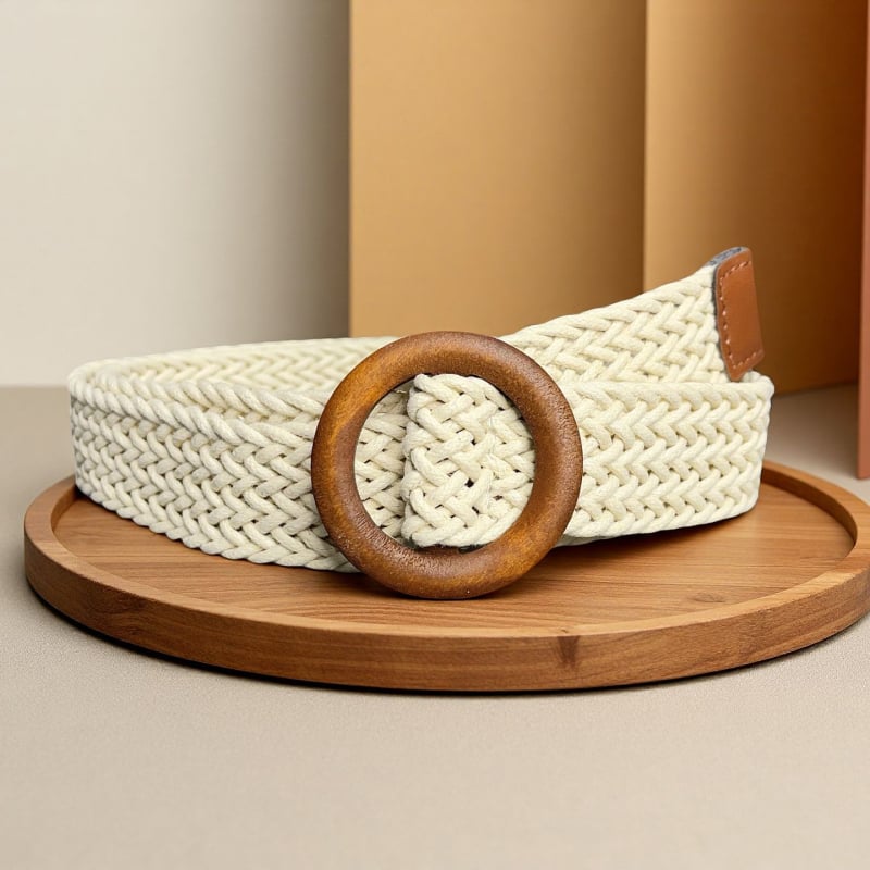 Curea țesută pentru femei, curea casual pentru rochie, șnur cerat cu cataramă din lemn, fără găuri (Material: șnur cerat; Cataramă: lemn; Închidere: cataramă netedă; Tehnologie: împletire manuală, antic, împletire)