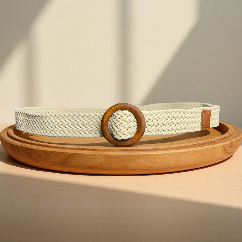 Curea țesută pentru femei, curea casual pentru rochie, șnur cerat cu cataramă din lemn, fără găuri (Material: șnur cerat; Cataramă: lemn; Închidere: cataramă netedă; Tehnologie: împletire manuală, antic, împletire)