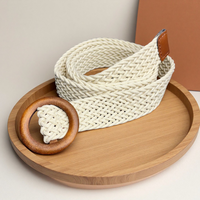 Curea țesută pentru femei, curea casual pentru rochie, șnur cerat cu cataramă din lemn, fără găuri (Material: șnur cerat; Cataramă: lemn; Închidere: cataramă netedă; Tehnologie: împletire manuală, antic, împletire)