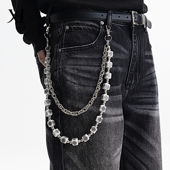 Lanț talie Hip-Hop din metal, design dublu-strat, motive broderie în cruce și zaruri, lungime 60–80 cm