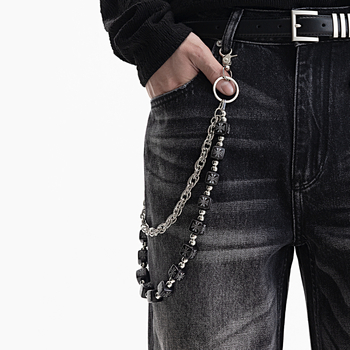 Lanț talie Hip-Hop din metal, design dublu-strat, motive broderie în cruce și zaruri, lungime 60–80 cm