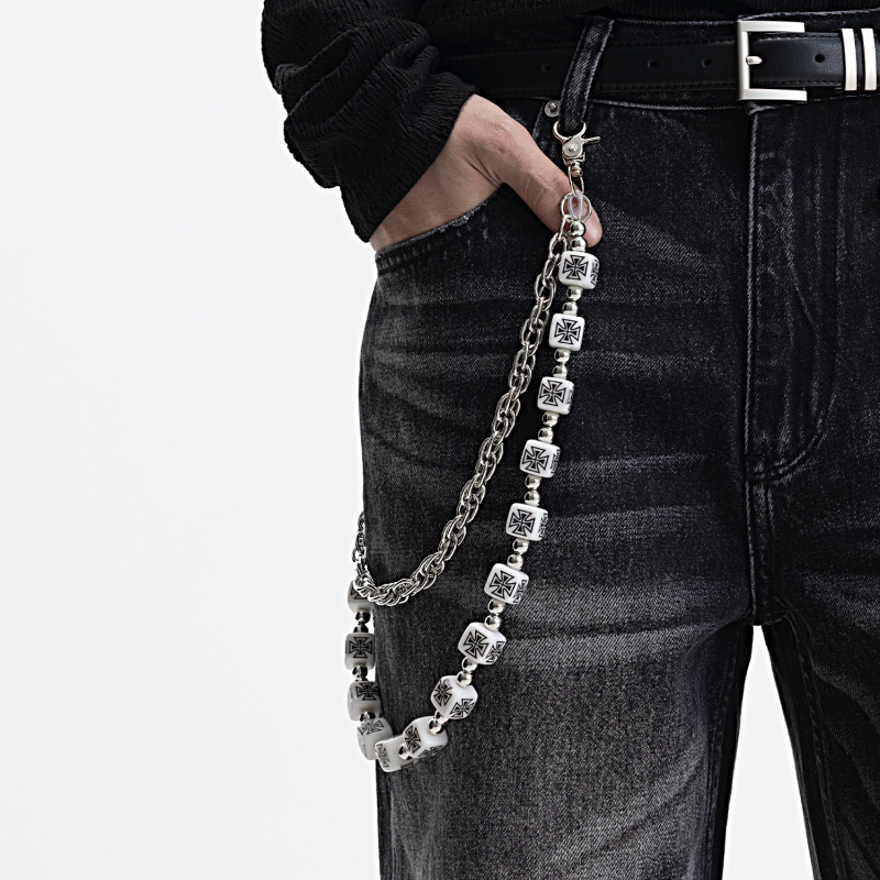 Lanț talie Hip-Hop din metal, design dublu-strat, motive broderie în cruce și zaruri, lungime 60–80 cm