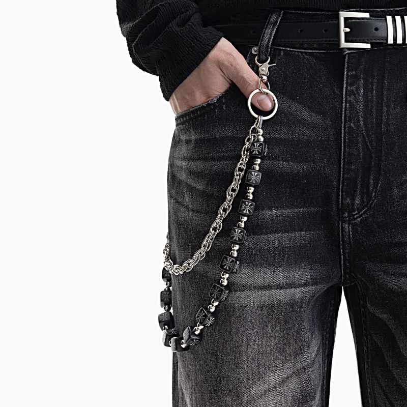 Lanț talie Hip-Hop din metal, design dublu-strat, motive broderie în cruce și zaruri, lungime 60–80 cm