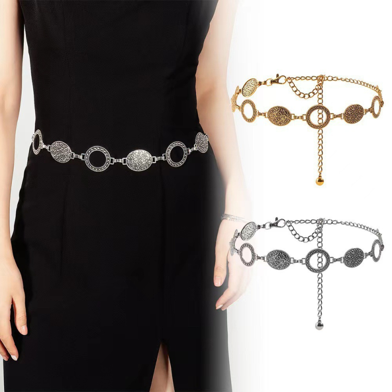 Női fém deréklánc gravírozott retro mintával, etnikus stílus, minden évszakhoz, testre szabható