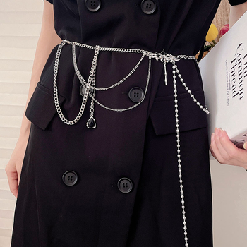Curea din lanț metalic pentru femei, lanț de talie cu perle în mai multe straturi, cataramă din aliaj, închidere tip clemă lobster, placare electrochimică