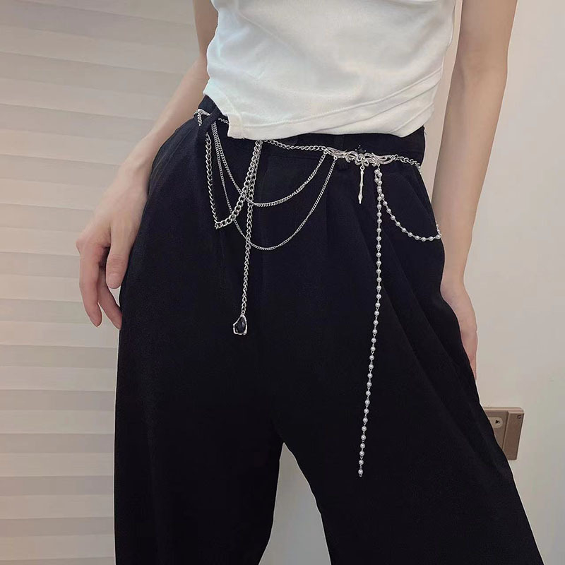 Curea din lanț metalic pentru femei, lanț de talie cu perle în mai multe straturi, cataramă din aliaj, închidere tip clemă lobster, placare electrochimică