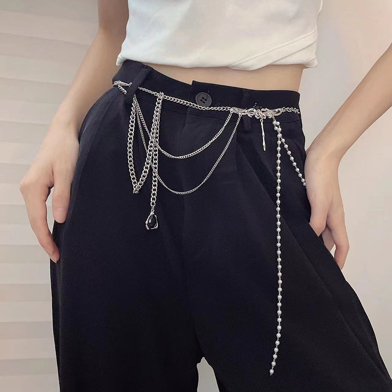 Curea din lanț metalic pentru femei, lanț de talie cu perle în mai multe straturi, cataramă din aliaj, închidere tip clemă lobster, placare electrochimică