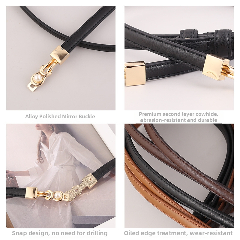 Női vékony valódi bőrből készült öv ötvözet csattal, kampózár, szélesség 2 cm alatt, gyémánt-díszítéssel