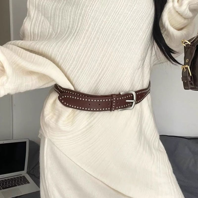 Női öv fém szegekkel, japán retro dizájn, műanyag pánt, övcsat ötvözetből, tűs zárás, lézergravírozott, édes utcai stílus