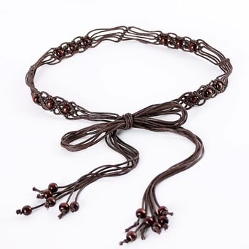 Etno-stílusú kézzel szőtt deréköv ruhákhoz bojtokkal, pamut–len anyag, csomózással záródó, 2–4 cm széles, kézzel készített gyöngyök