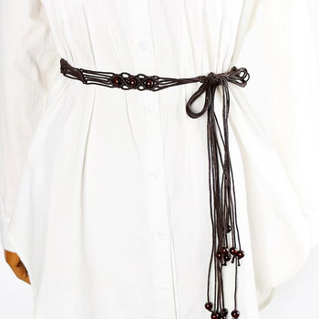 Etno-stílusú kézzel szőtt deréköv ruhákhoz bojtokkal, pamut–len anyag, csomózással záródó, 2–4 cm széles, kézzel készített gyöngyök