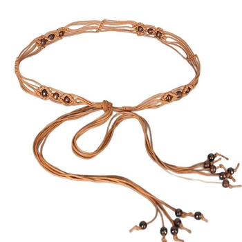 Etno-stílusú kézzel szőtt deréköv ruhákhoz bojtokkal, pamut–len anyag, csomózással záródó, 2–4 cm széles, kézzel készített gyöngyök