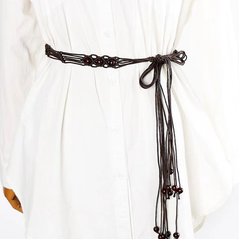 Etno-stílusú kézzel szőtt deréköv ruhákhoz bojtokkal, pamut–len anyag, csomózással záródó, 2–4 cm széles, kézzel készített gyöngyök