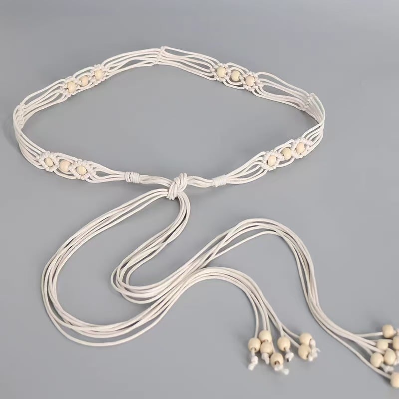 Etno-stílusú kézzel szőtt deréköv ruhákhoz bojtokkal, pamut–len anyag, csomózással záródó, 2–4 cm széles, kézzel készített gyöngyök