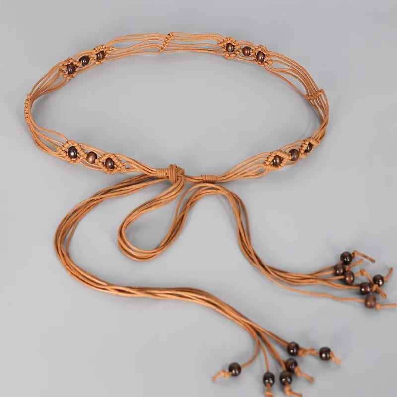 Etno-stílusú kézzel szőtt deréköv ruhákhoz bojtokkal, pamut–len anyag, csomózással záródó, 2–4 cm széles, kézzel készített gyöngyök