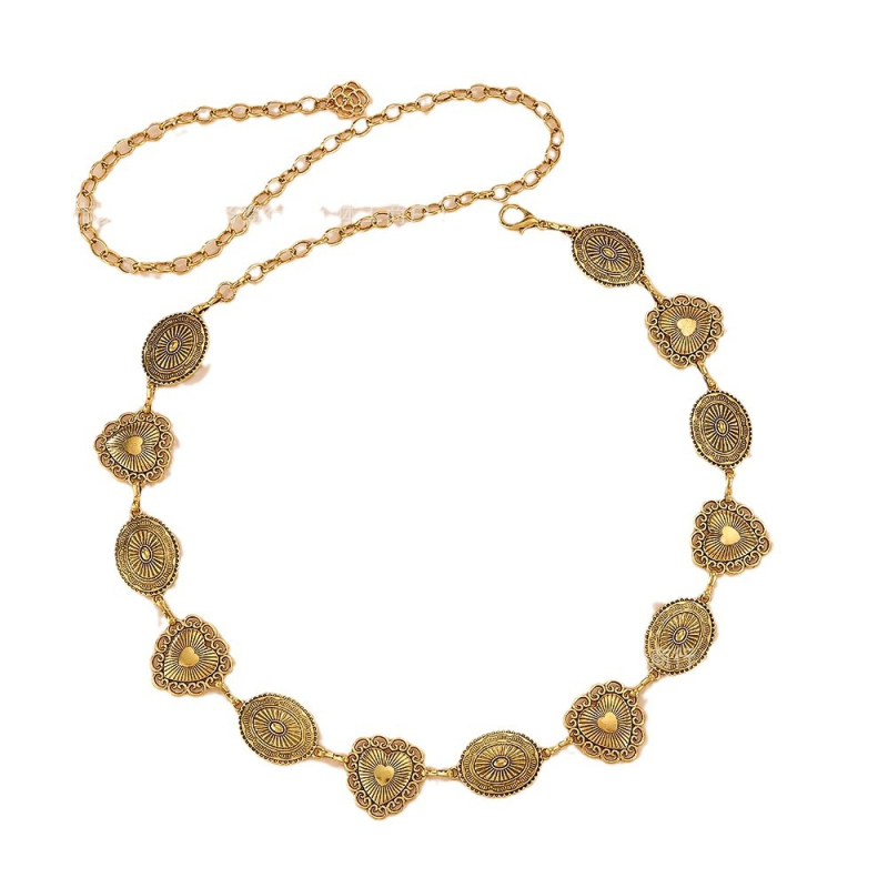 Uniszex fém derékszíj lánccal - retro szív mintával, hossz 100-105 cm, szélesség 2 cm, egylapos pánt, nemzeti stílus