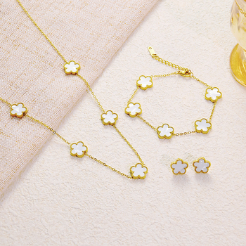 Set nakita od nehrđajućeg čelika s petolistom djetelinom: ogrlica, narukvica i naušnice — geometrijski oblik; regularni lanac; višeslojni dizajn; materijal: nehrđajući čelik; obrada: elektroplatiranje