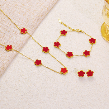 Set nakita od nehrđajućeg čelika s petolistom djetelinom: ogrlica, narukvica i naušnice — geometrijski oblik; regularni lanac; višeslojni dizajn; materijal: nehrđajući čelik; obrada: elektroplatiranje