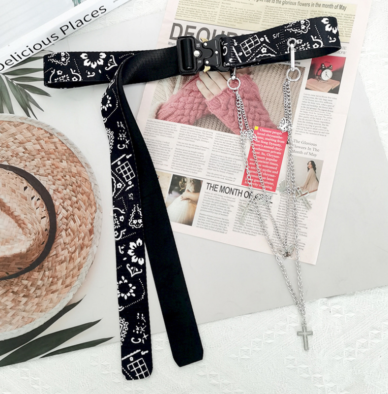 Hip-Hop kaiš s motivom kešu cvijeta i lančića za hlače, dvostruki sloj, platno, kopča od legure, gradski stil